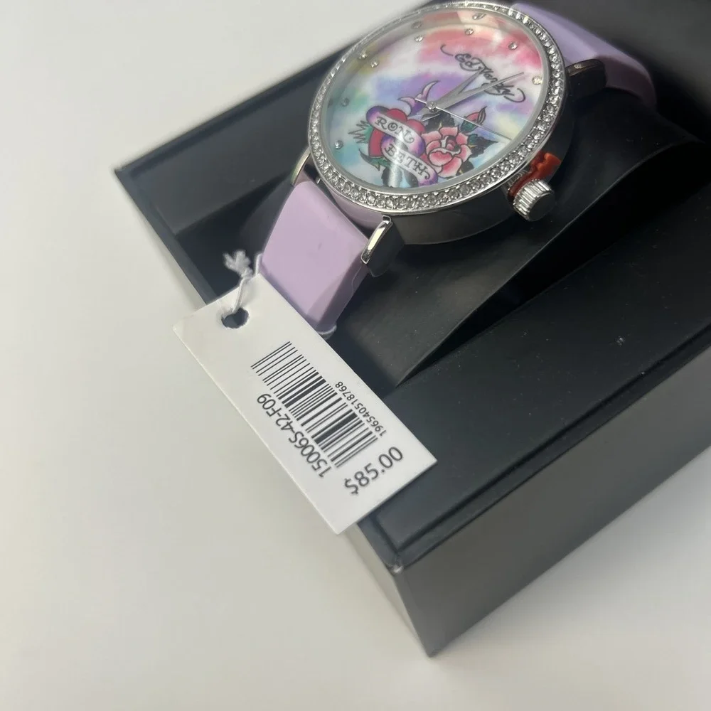 NIB Ed Hardy Women's Quartz Light Purple Silicone Strap Watch Y2K Tattoo Detail